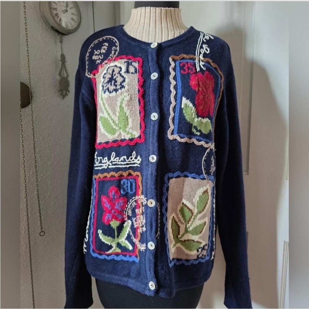 Talbots Navy Blue Floral Stamp Patch Sweater